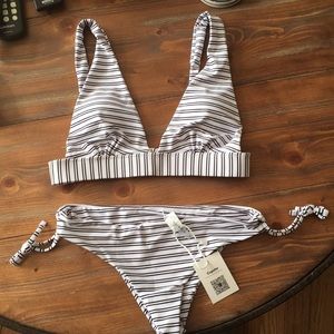 Black and white striped halter top bikini